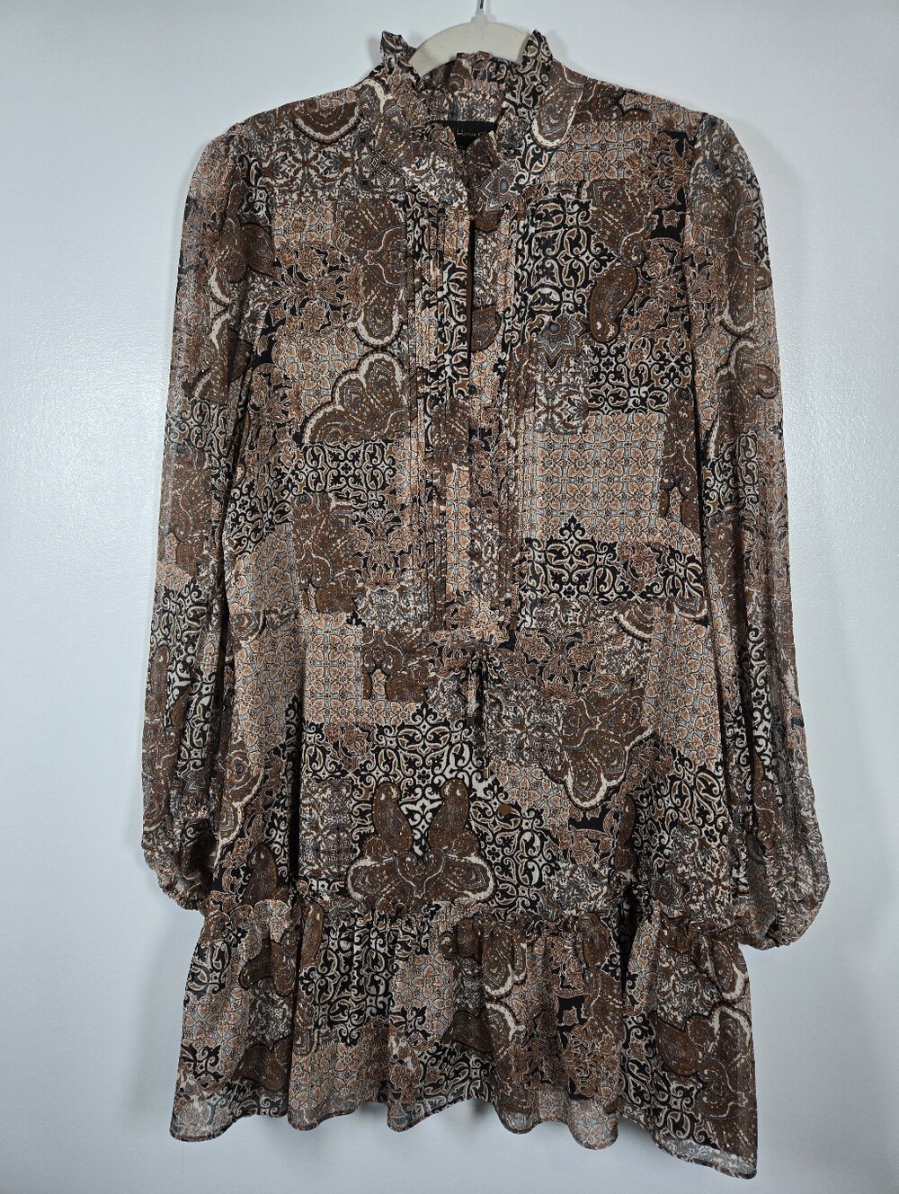 House Of Harlow 1960 Brown Tan Boho Paisley Sparkle Chiffon Peplum Dress Size 10 - Picture 2 of 16